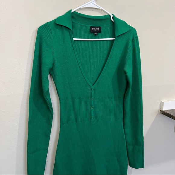 Bardot Collar Knit Long Sleeve Rib Sweater midi Dress in Bright green Size L - Picture 13 of 15